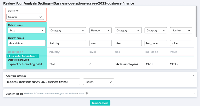 delimiter analysis settings