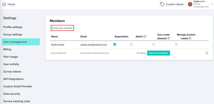 zurvey new member user mgmt